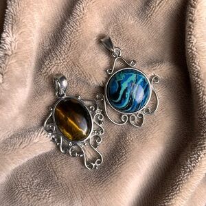 VINTAGE 925 Sterling Silver Brown Tiger's Eye and Blue Marble Gemstone Pendants